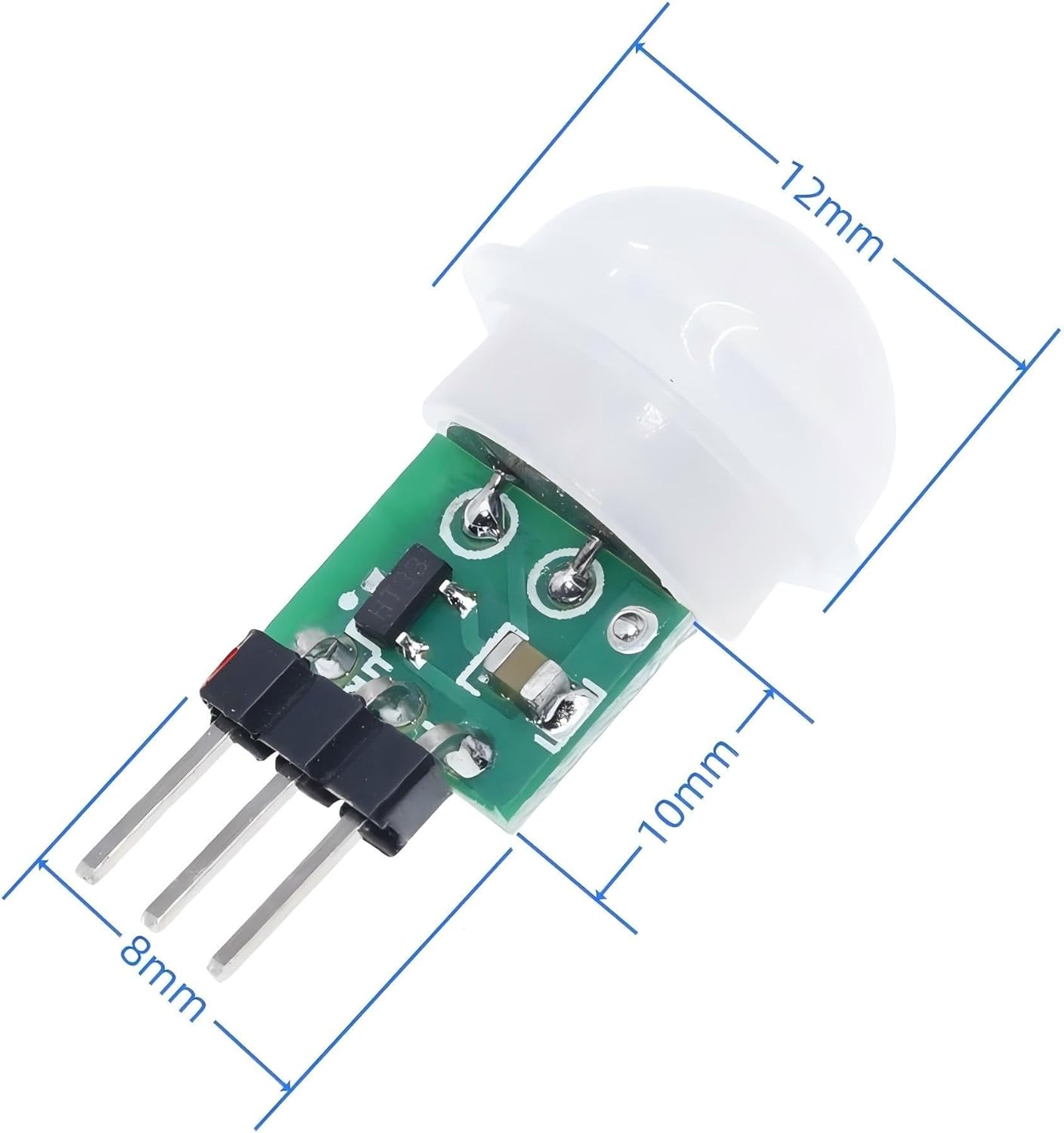 AM312 PIR motion sensor — miniature PCB with white Fresnel lens dome