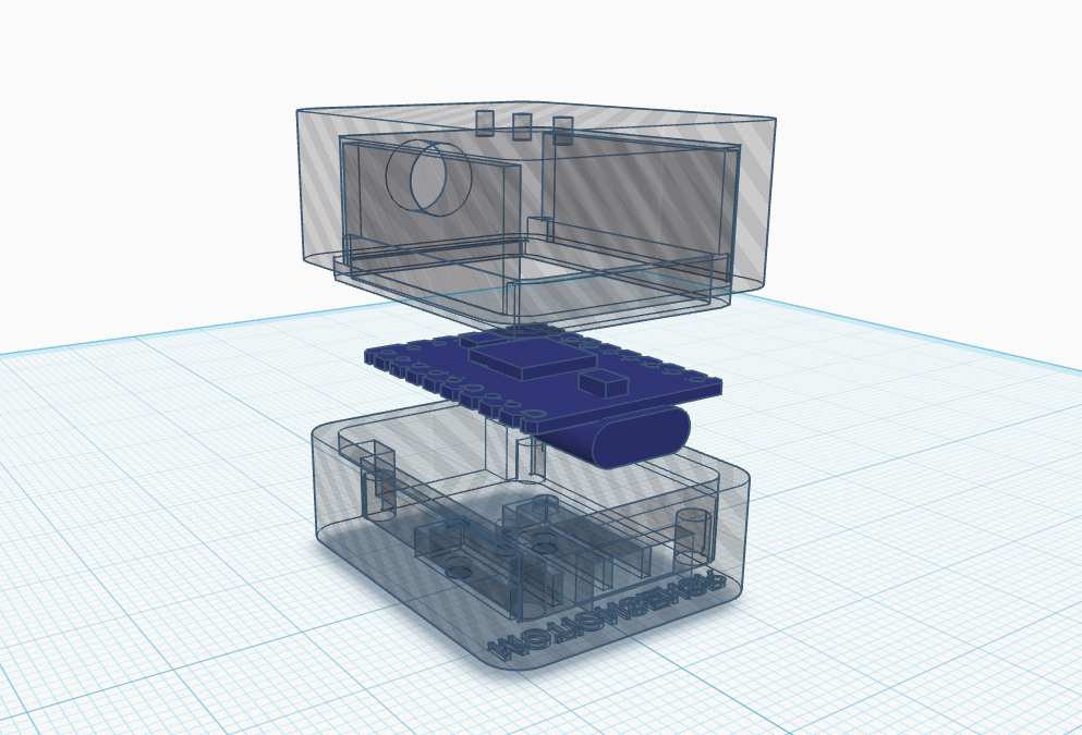Exploded CAD view of the MOTIONSENSR enclosure showing lid, body, and base with snap-fit design