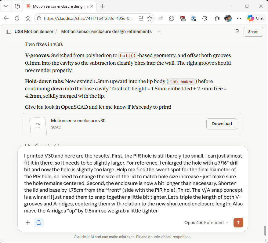 Screenshot of Claude AI conversation working through MOTIONSENSR enclosure geometry constraints